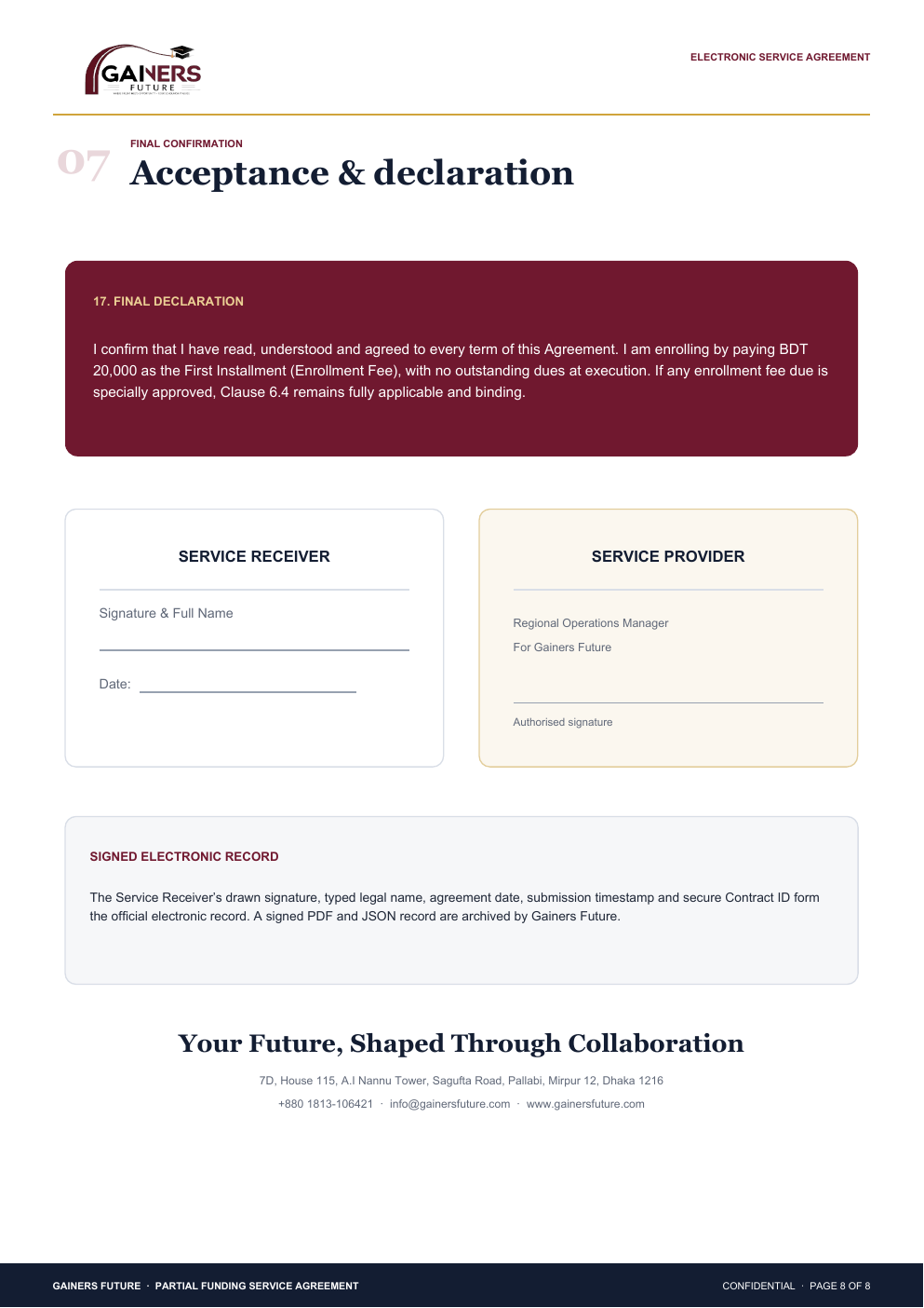 Partial Funding Service Agreement page 8